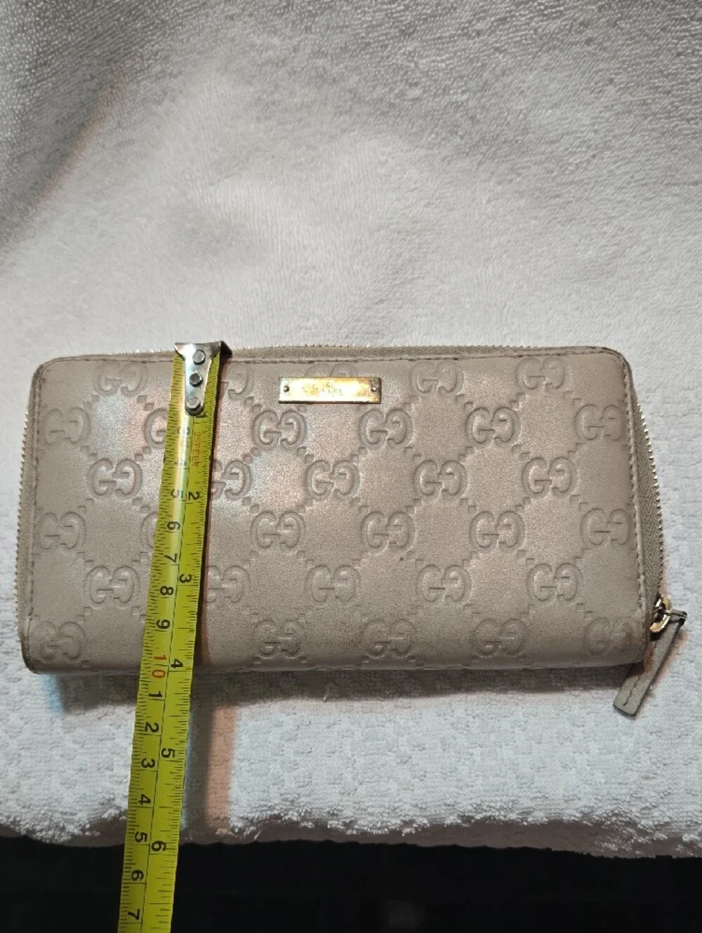 Gucci Taupe Embossed GG Zip-Around Leather Wallet with Gold Plate